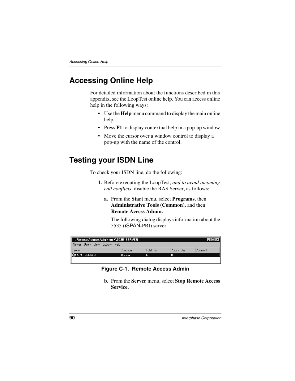 Accessing online help, Testing your isdn line | Interphase Tech iSPAN 5535 PRI User Manual | Page 110 / 168