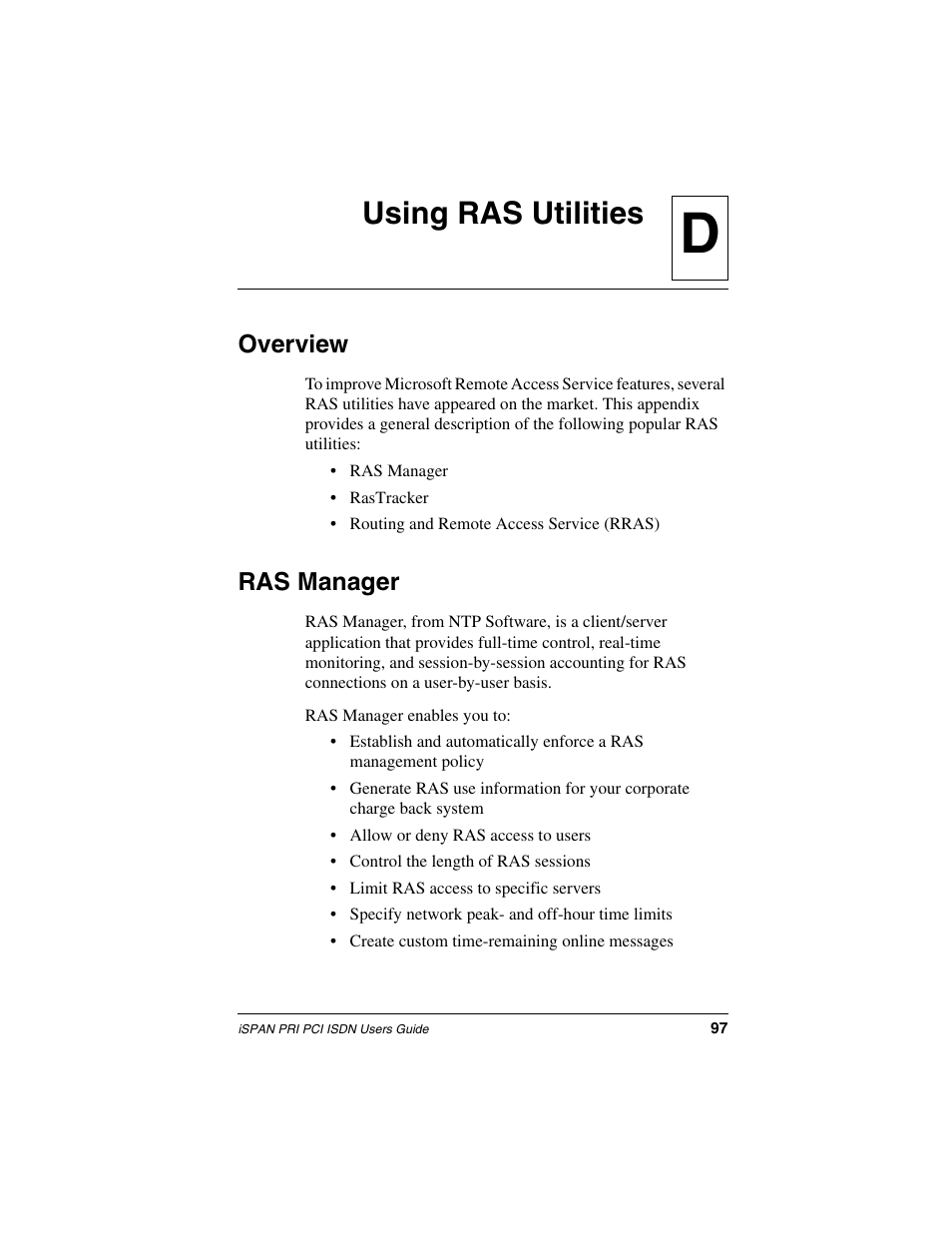 Using ras utilities, Overview, Ras manager | Dusing ras utilities | Interphase Tech iSPAN 5535 PRI User Manual | Page 117 / 168