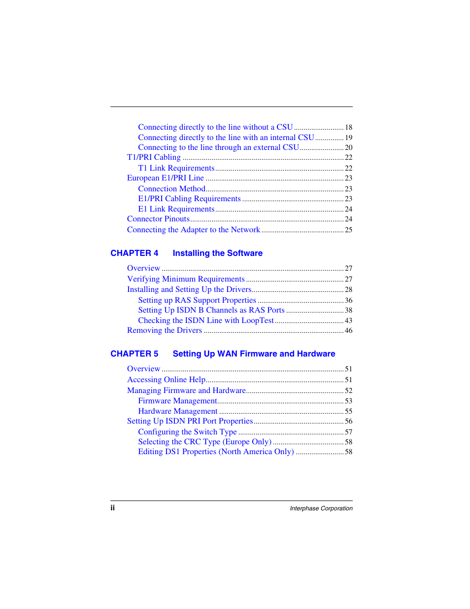 Chapter 4 installing the software, Chapter 5 setting up wan firmware and hardware | Interphase Tech iSPAN 5535 PRI User Manual | Page 12 / 168