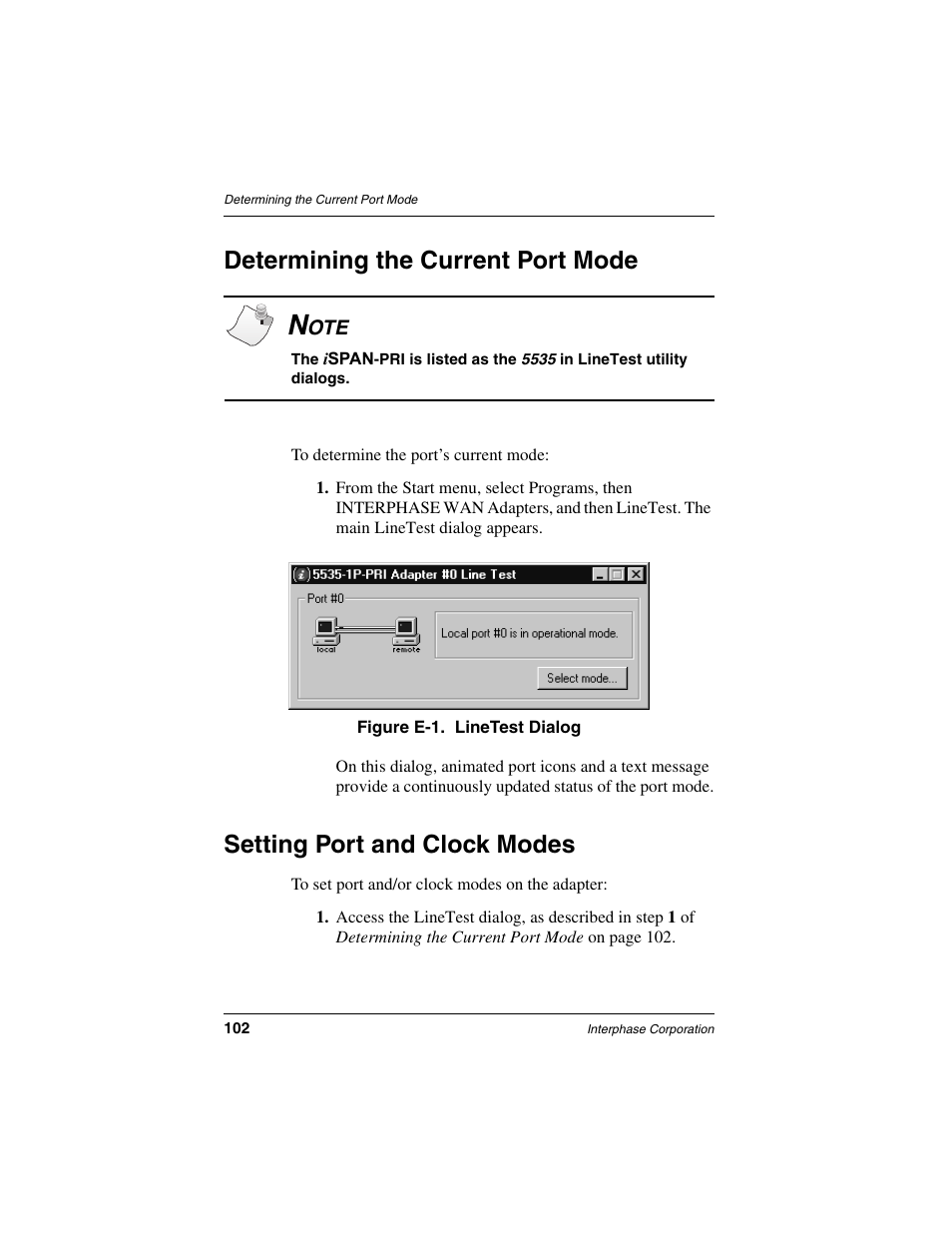 Determining the current port mode, Setting port and clock modes | Interphase Tech iSPAN 5535 PRI User Manual | Page 122 / 168