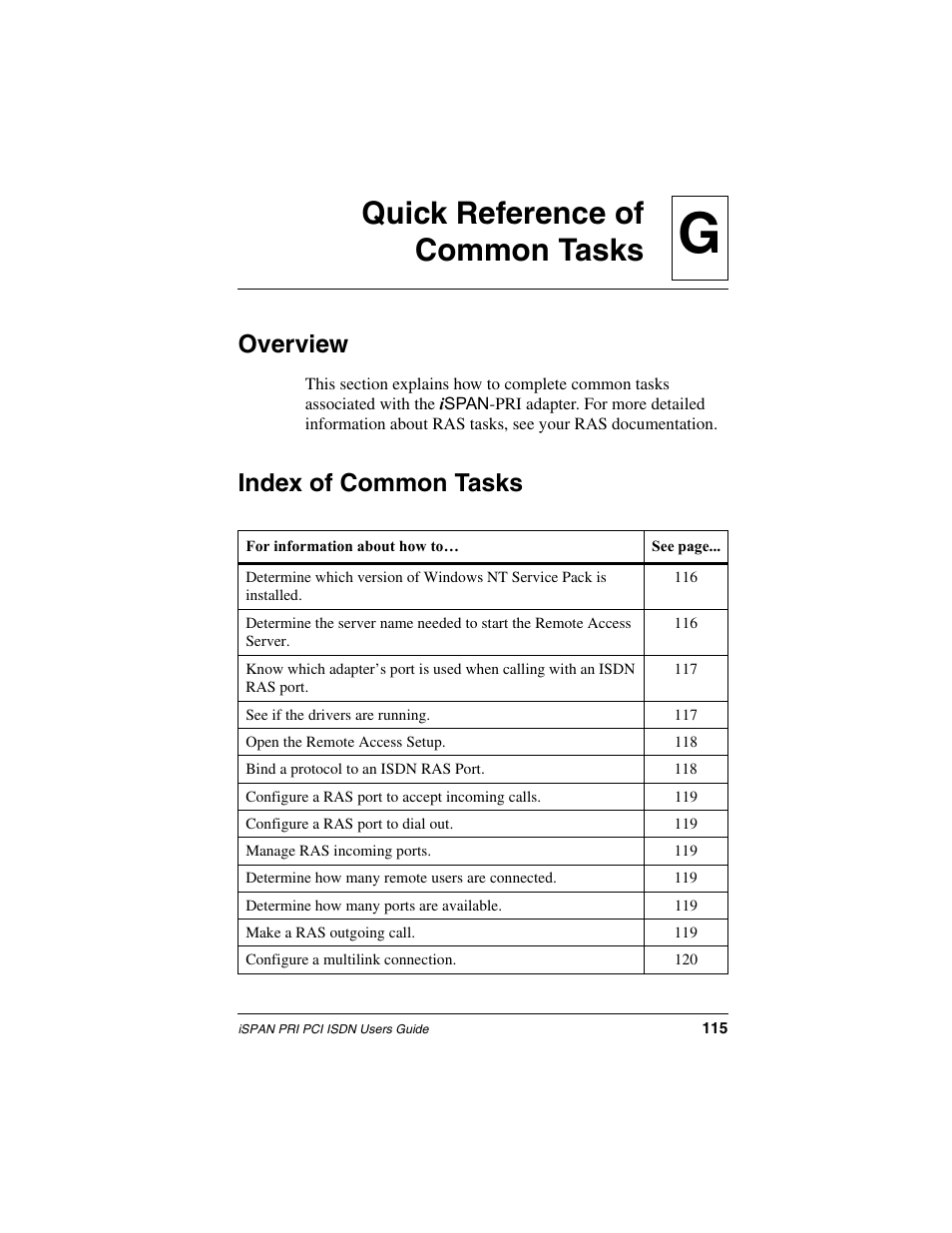 Quick reference of common tasks, Overview, Index of common tasks | Gquick reference of common tasks | Interphase Tech iSPAN 5535 PRI User Manual | Page 135 / 168