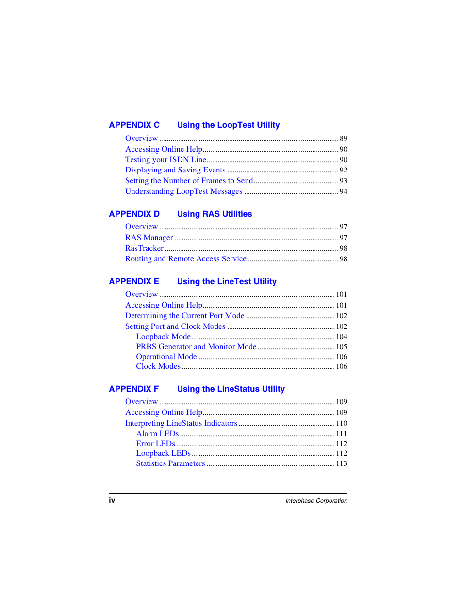 Appendix c using the looptest utility, Appendix d using ras utilities, Appendix e using the linetest utility | Appendix f using the linestatus utility | Interphase Tech iSPAN 5535 PRI User Manual | Page 14 / 168