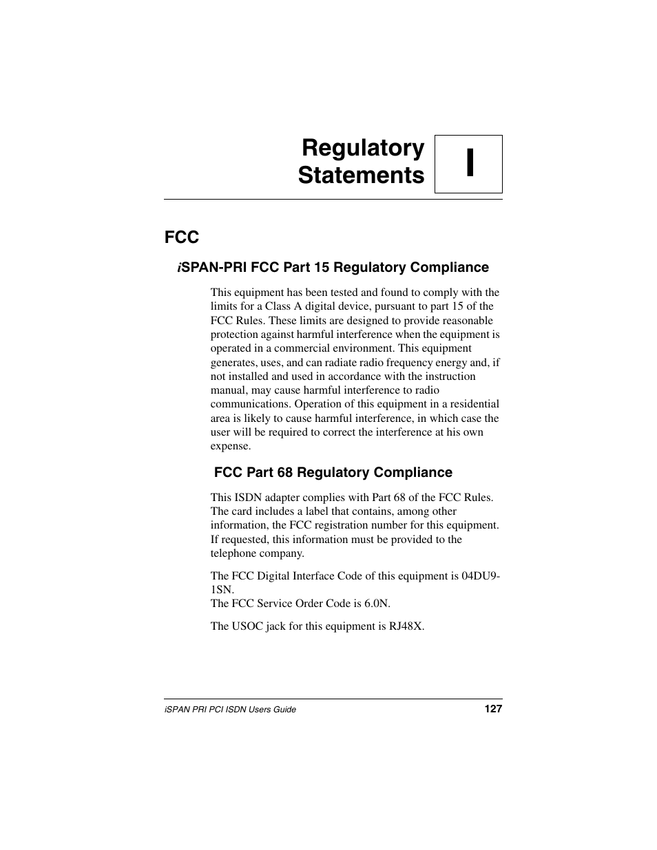 Regulatory statements, Appendix i, Iregulatory statements | Interphase Tech iSPAN 5535 PRI User Manual | Page 147 / 168