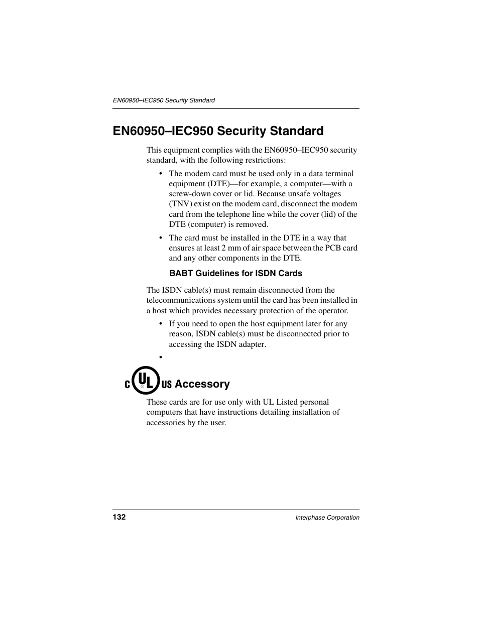 En60950–iec950 security standard, Accessory | Interphase Tech iSPAN 5535 PRI User Manual | Page 152 / 168