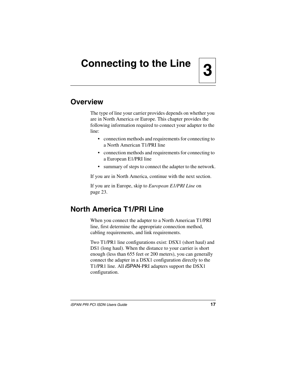 Connecting to the line, Overview, North america t1/pri line | 3connecting to the line | Interphase Tech iSPAN 5535 PRI User Manual | Page 37 / 168