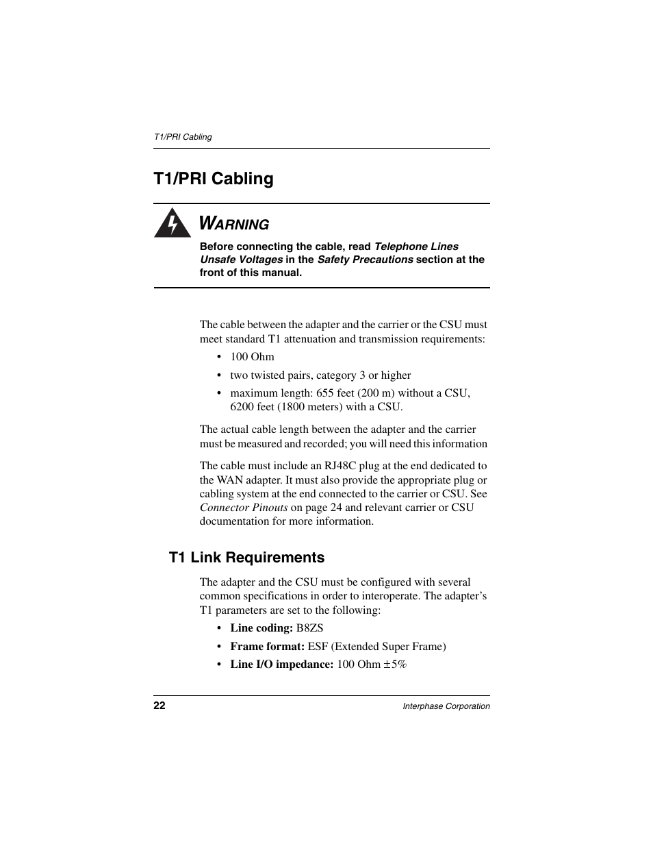 T1/pri cabling, T1 link requirements | Interphase Tech iSPAN 5535 PRI User Manual | Page 42 / 168