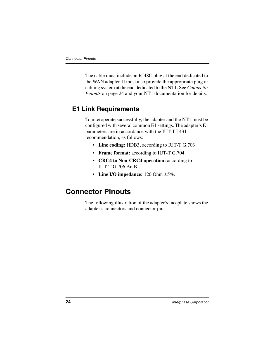 E1 link requirements, Connector pinouts | Interphase Tech iSPAN 5535 PRI User Manual | Page 44 / 168