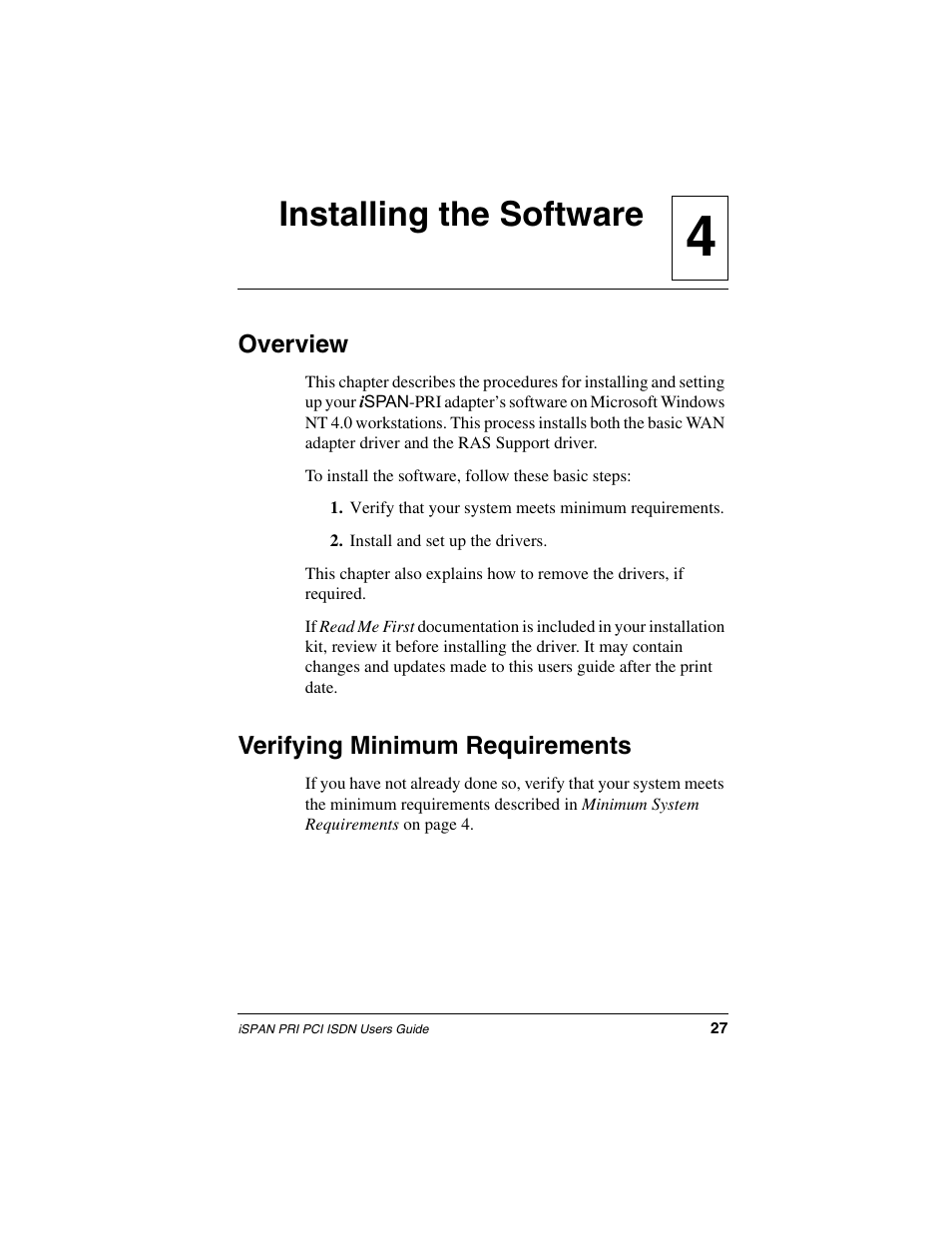 Installing the software, Overview, Verifying minimum requirements | 4installing the software | Interphase Tech iSPAN 5535 PRI User Manual | Page 47 / 168