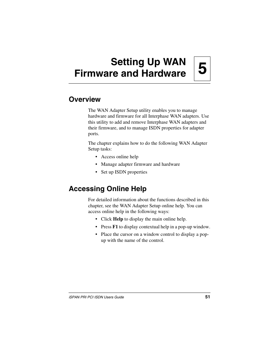 Setting up wan firmware and hardware, Overview, Accessing online help | 5setting up wan firmware and hardware | Interphase Tech iSPAN 5535 PRI User Manual | Page 71 / 168