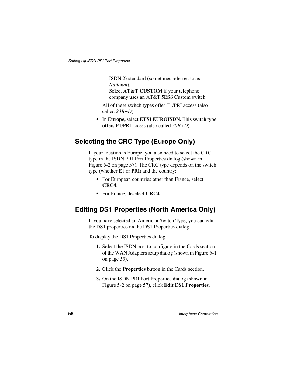 Selecting the crc type (europe only), Editing ds1 properties (north america only) | Interphase Tech iSPAN 5535 PRI User Manual | Page 78 / 168