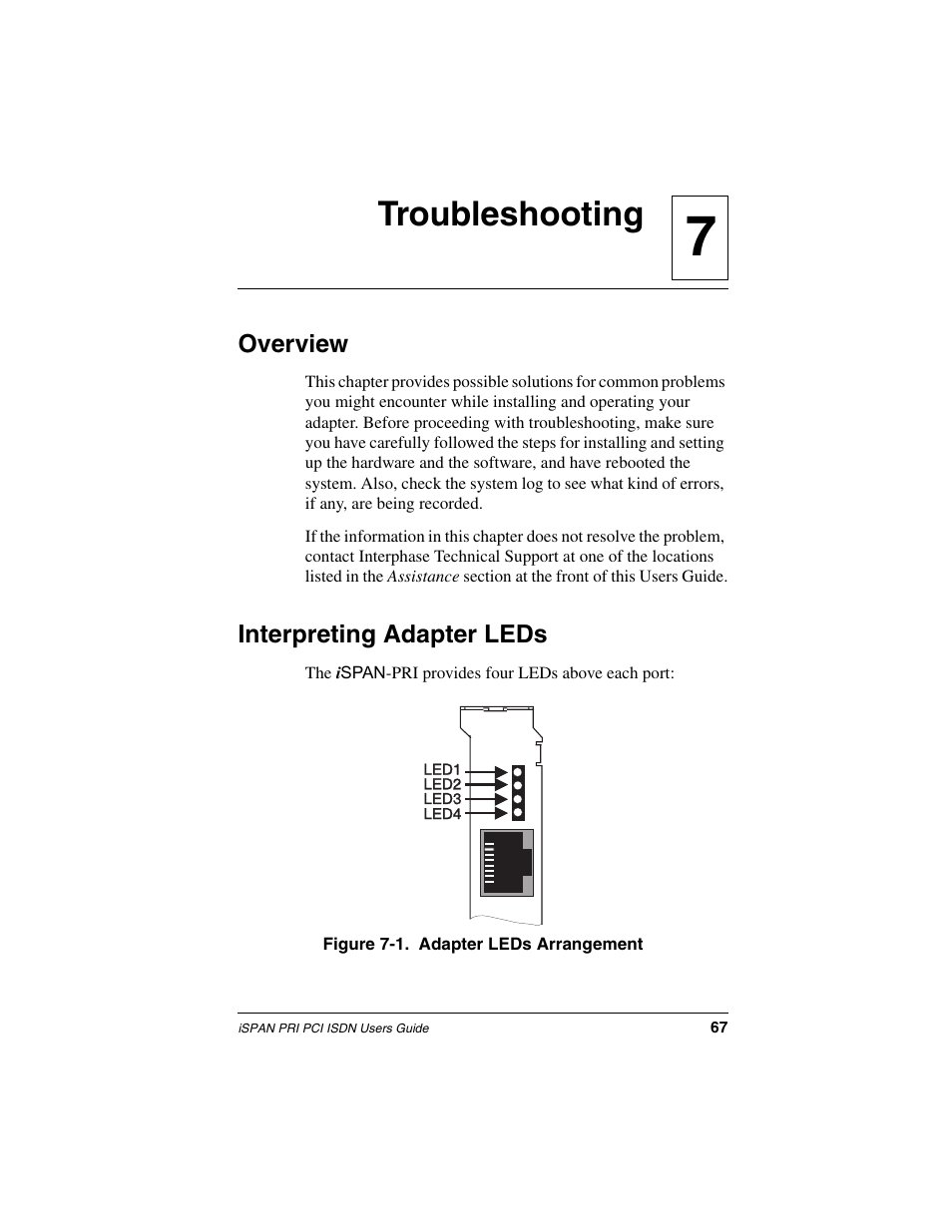 Troubleshooting, Overview, Interpreting adapter leds | 7troubleshooting | Interphase Tech iSPAN 5535 PRI User Manual | Page 87 / 168