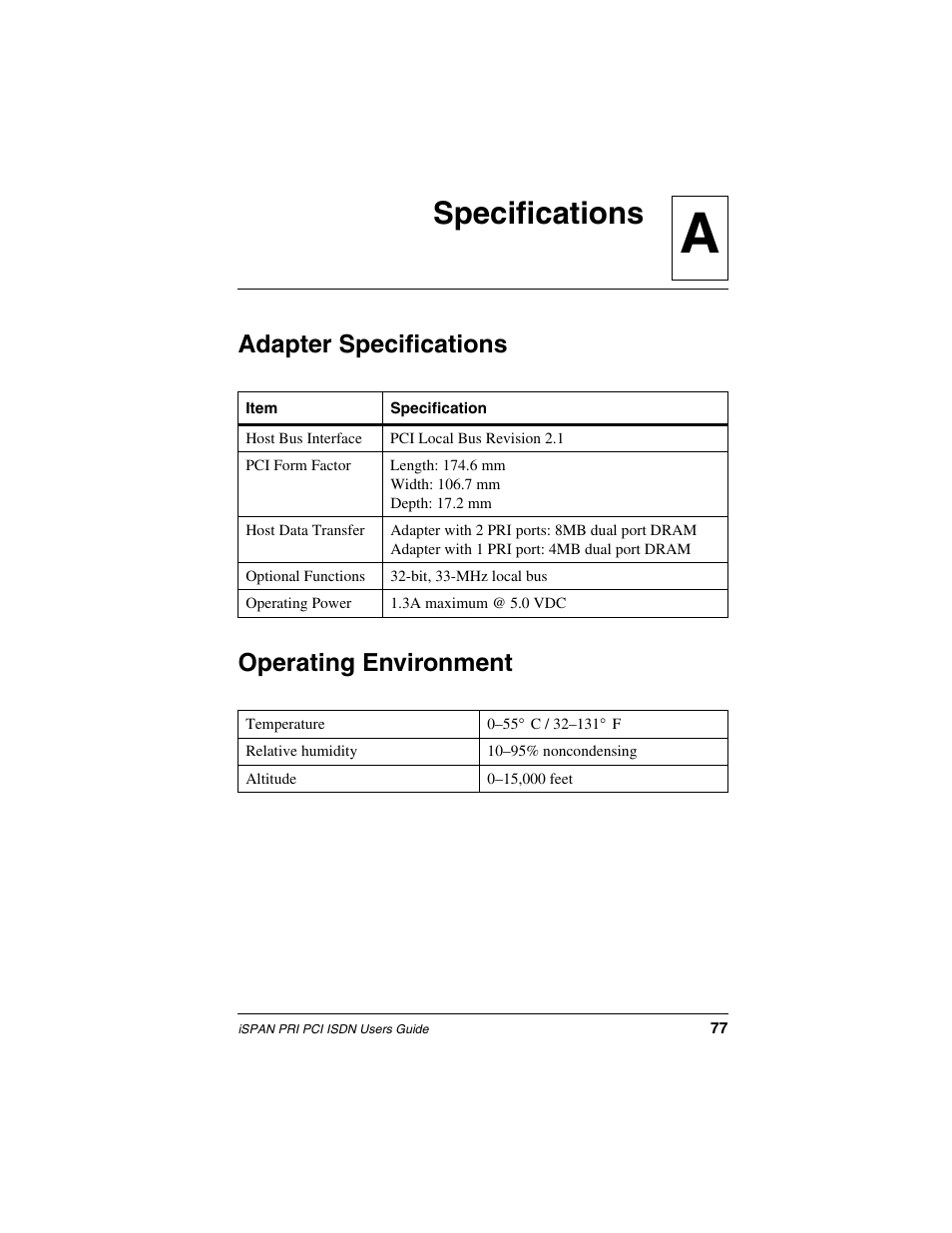 Specifications, Adapter specifications, Operating environment | Aspecifications, Adapter specifications operating environment | Interphase Tech iSPAN 5535 PRI User Manual | Page 97 / 168
