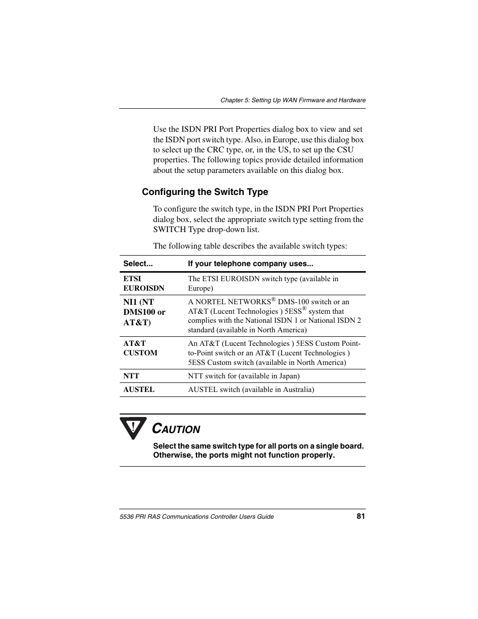 Configuring the switch type, Aution | Interphase Tech RAS Communications Controller 5536 User Manual | Page 101 / 244