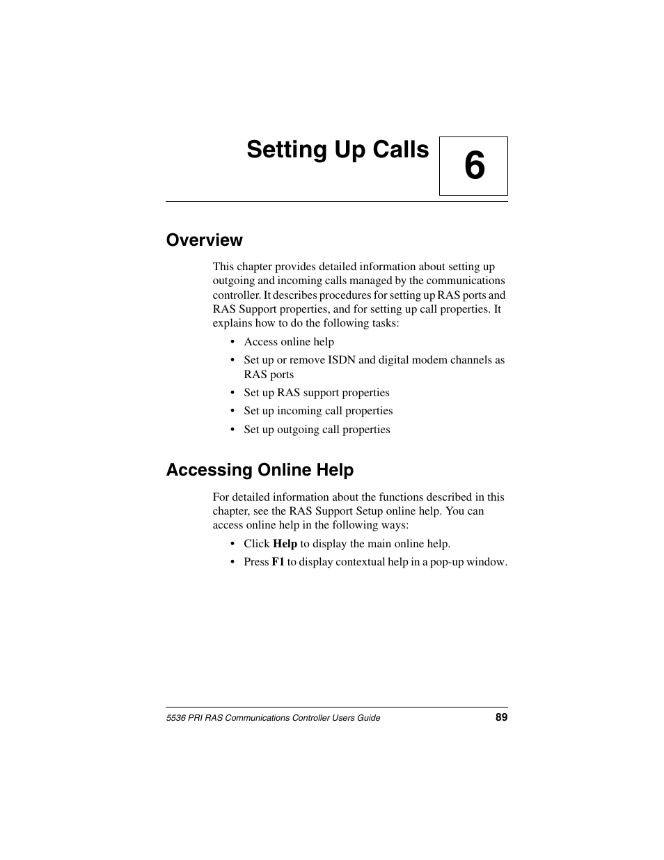 Setting up calls, Overview, Accessing online help | Chapter 6, 6setting up calls | Interphase Tech RAS Communications Controller 5536 User Manual | Page 109 / 244