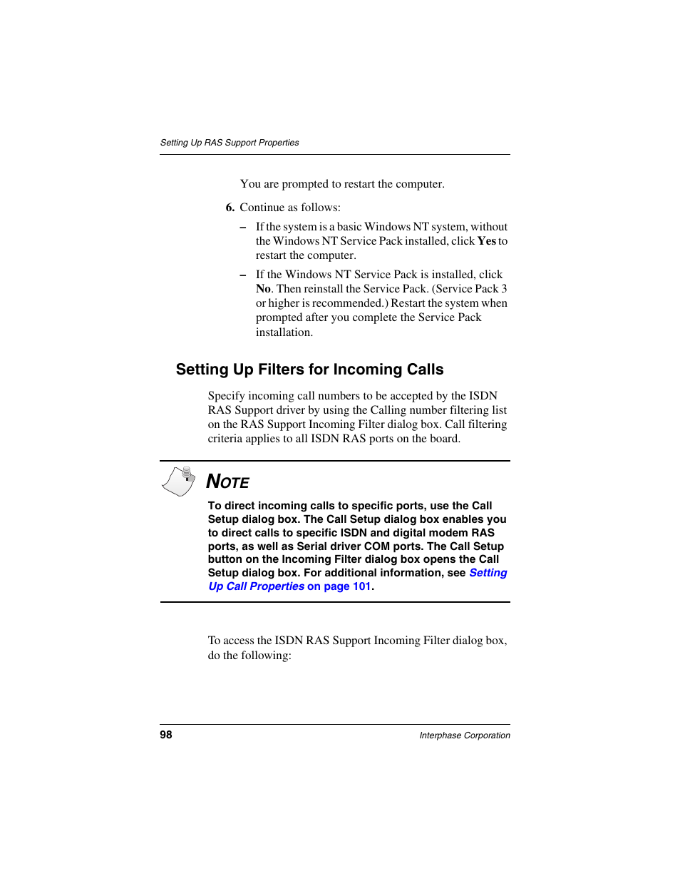 Setting up filters for incoming calls | Interphase Tech RAS Communications Controller 5536 User Manual | Page 118 / 244