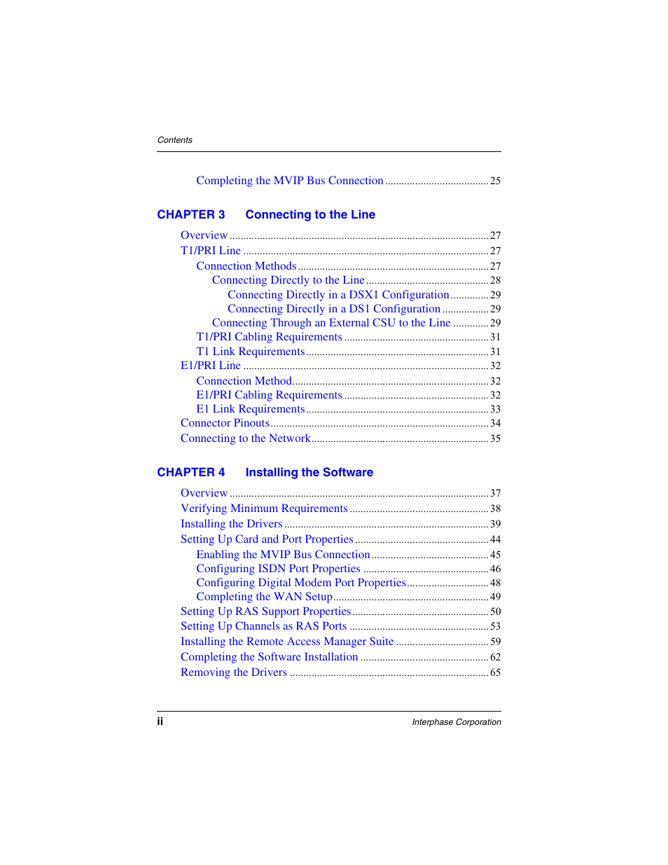 Chapter 3 connecting to the line, Chapter 4 installing the software | Interphase Tech RAS Communications Controller 5536 User Manual | Page 12 / 244