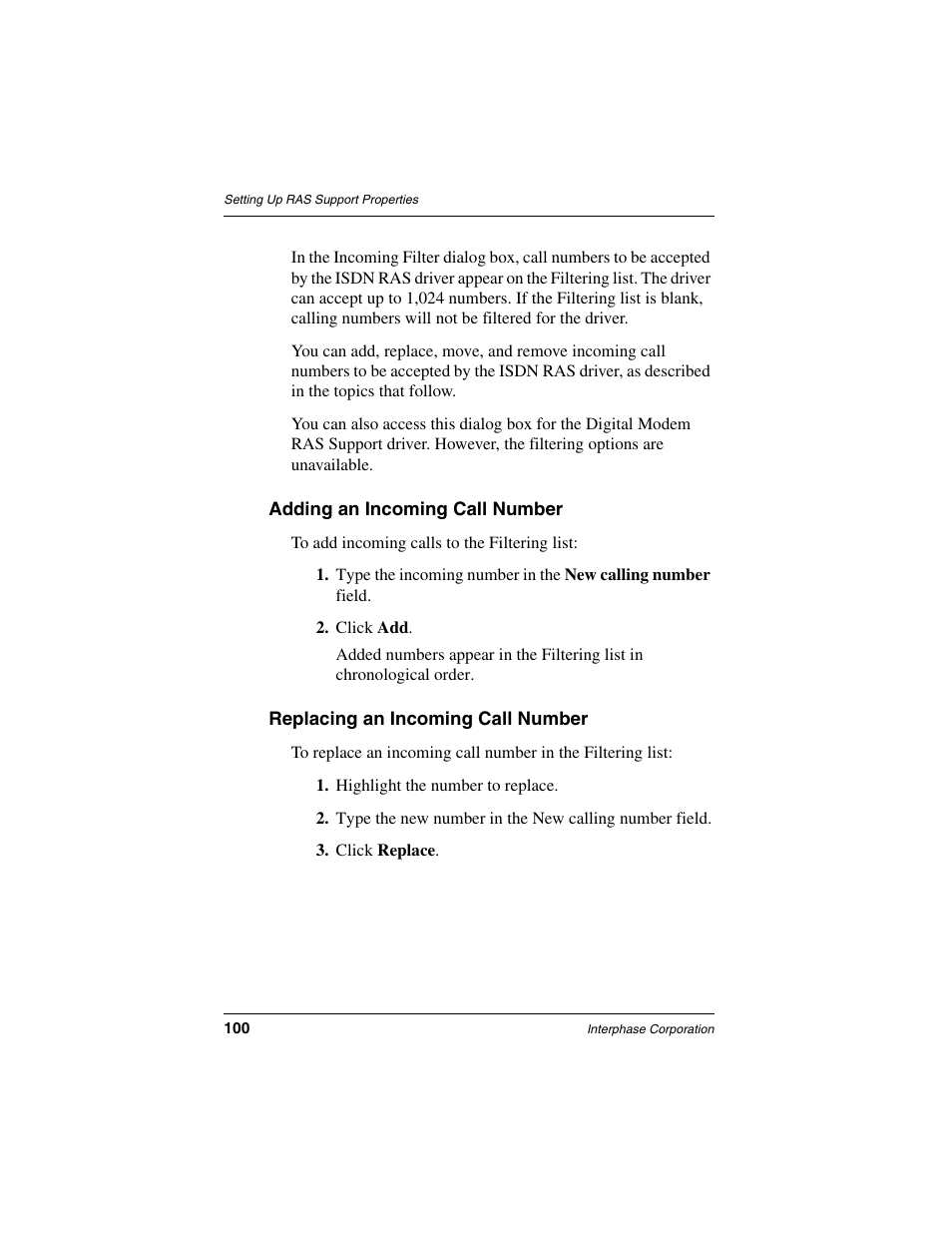 Adding an incoming call number, Replacing an incoming call number | Interphase Tech RAS Communications Controller 5536 User Manual | Page 120 / 244