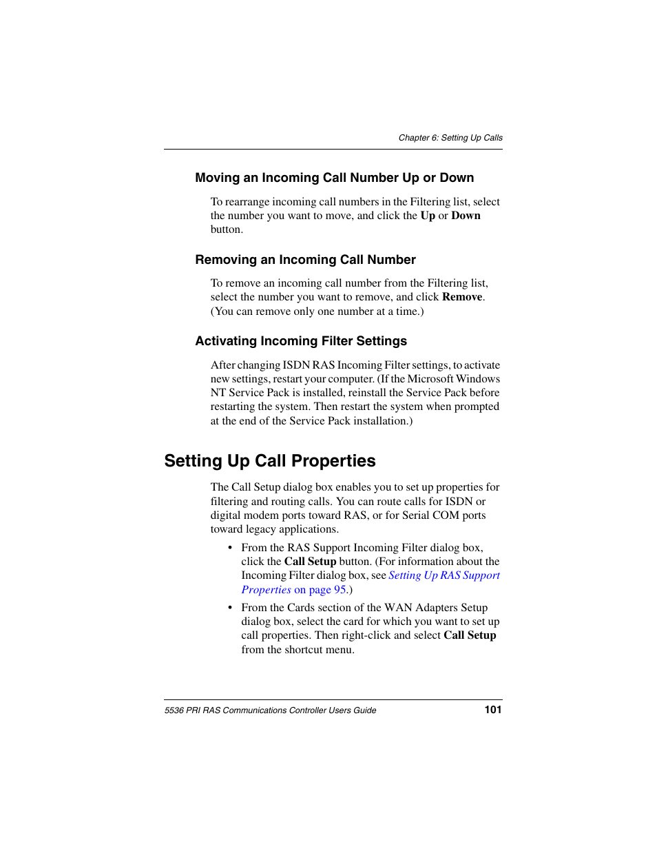 Moving an incoming call number up or down, Removing an incoming call number, Activating incoming filter settings | Setting up call properties, For i | Interphase Tech RAS Communications Controller 5536 User Manual | Page 121 / 244