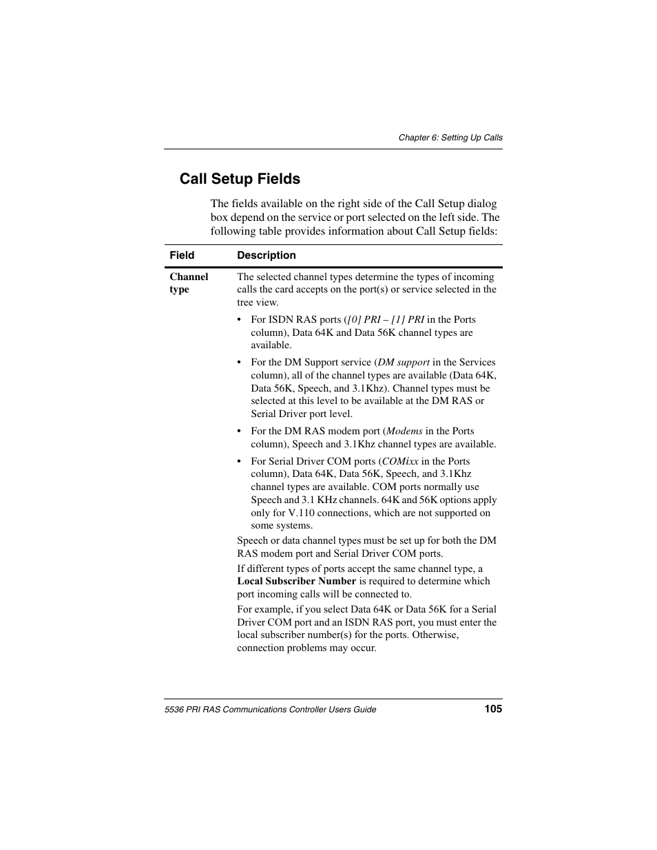 Call setup fields | Interphase Tech RAS Communications Controller 5536 User Manual | Page 125 / 244