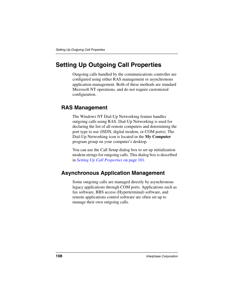 Setting up outgoing call properties, Ras management, Asynchronous application management | Interphase Tech RAS Communications Controller 5536 User Manual | Page 128 / 244