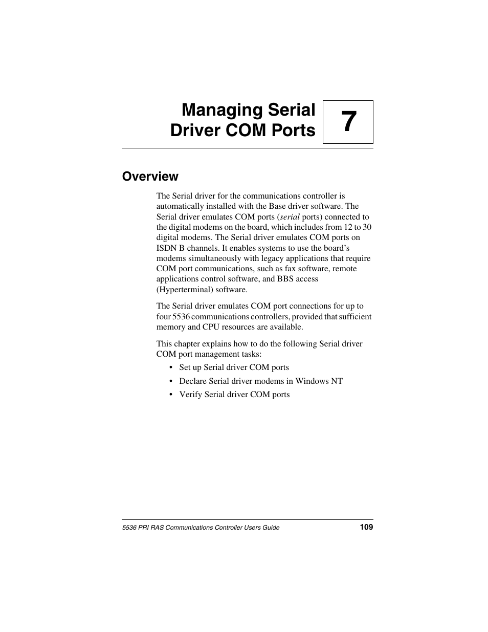 Managing serial driver com ports, Overview, Chapter 7 | Managing serial driver, 7managing serial driver com ports | Interphase Tech RAS Communications Controller 5536 User Manual | Page 129 / 244