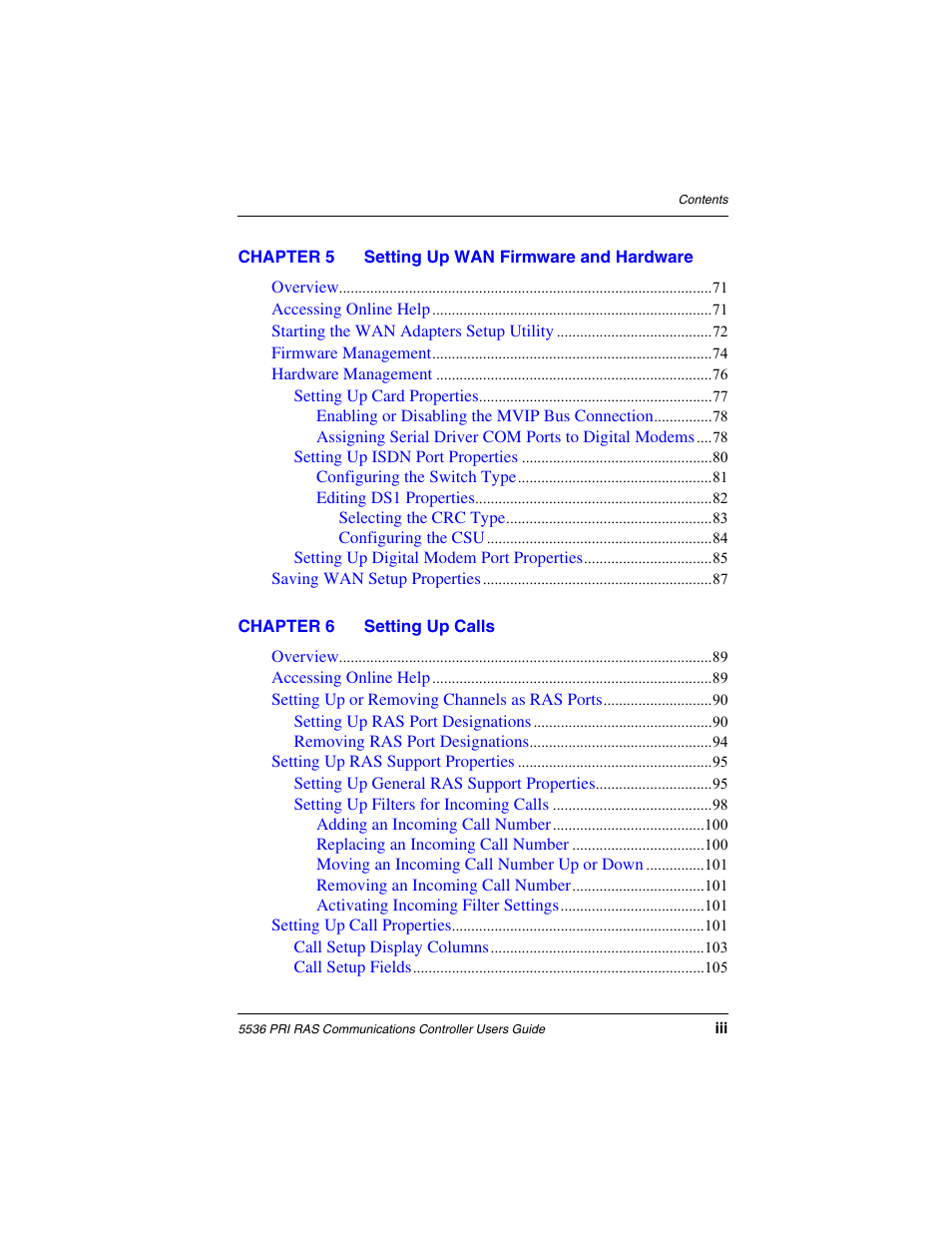 Chapter 5 setting up wan firmware and hardware, Chapter 6 setting up calls | Interphase Tech RAS Communications Controller 5536 User Manual | Page 13 / 244