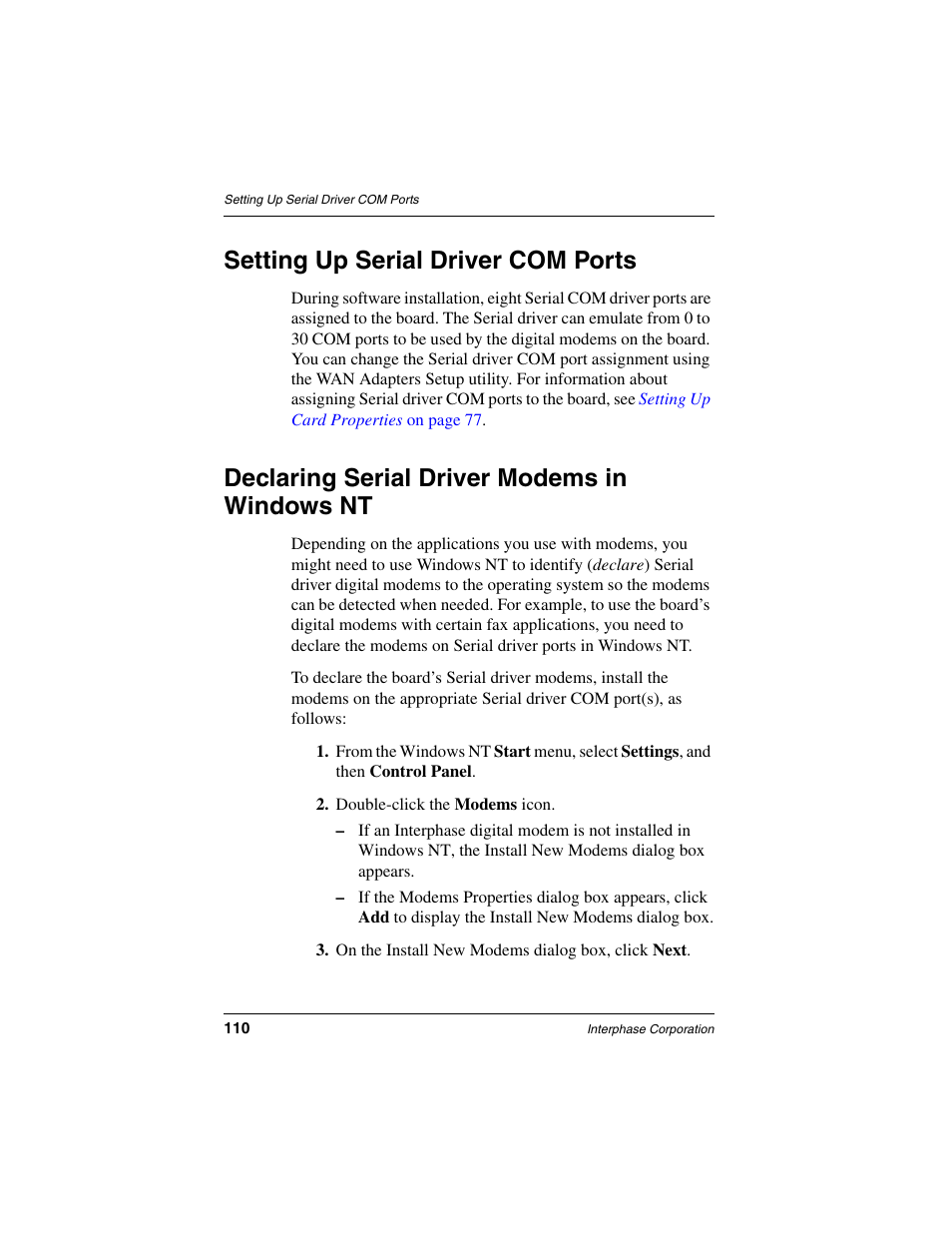 Setting up serial driver com ports, Declaring serial driver modems in windows nt | Interphase Tech RAS Communications Controller 5536 User Manual | Page 130 / 244