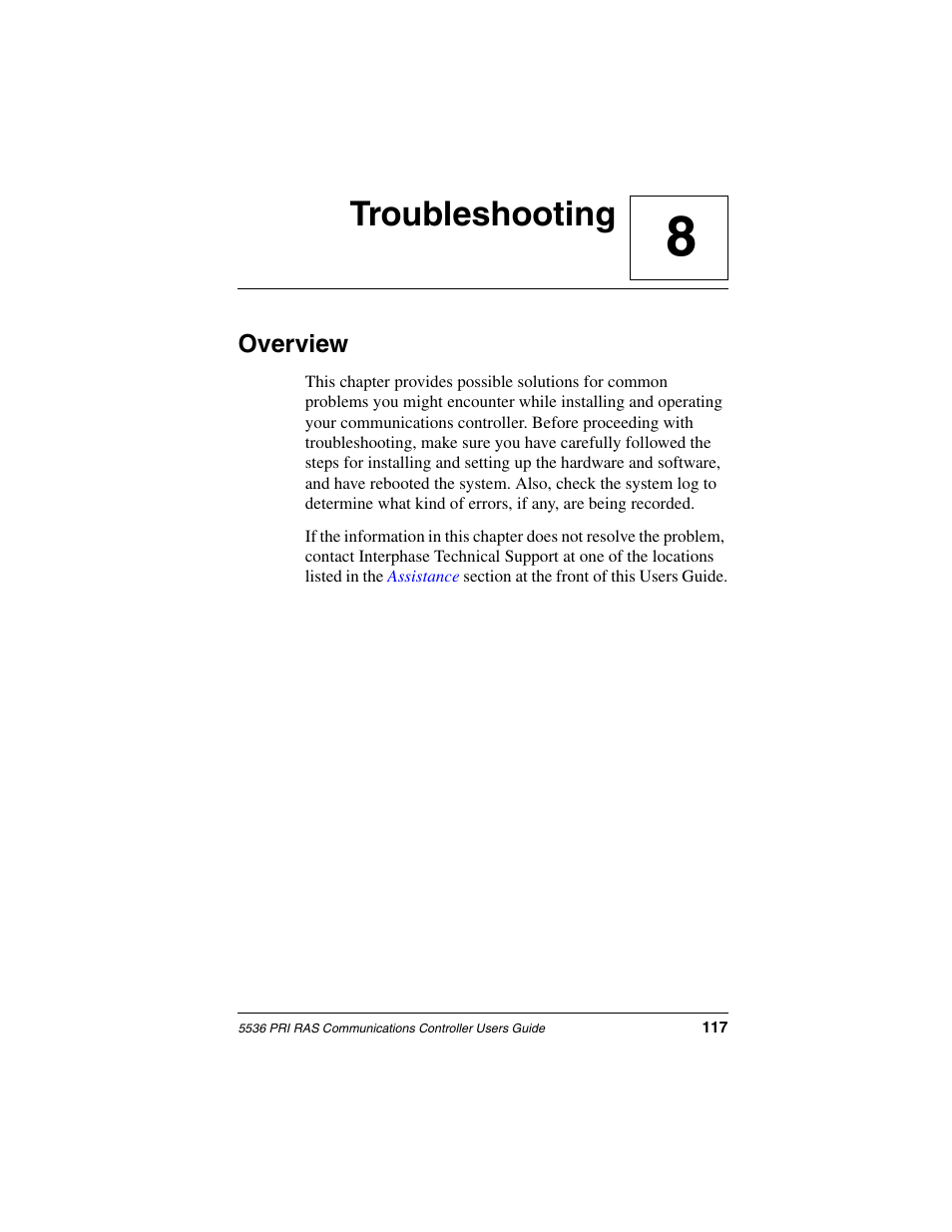 Troubleshooting, Overview, Chapter 8 | 8troubleshooting | Interphase Tech RAS Communications Controller 5536 User Manual | Page 137 / 244
