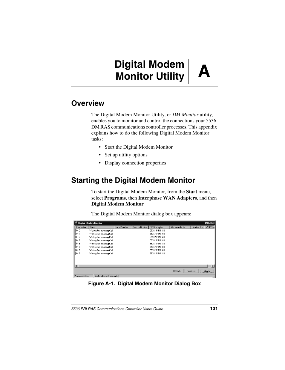 Digital modem monitor utility, Overview, Starting the digital modem monitor | Appendix a, Adigital modem monitor utility | Interphase Tech RAS Communications Controller 5536 User Manual | Page 151 / 244