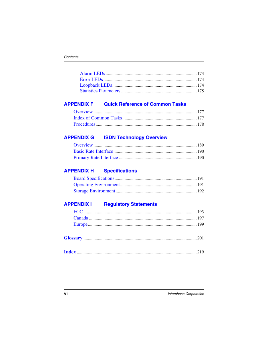 Appendix f quick reference of common tasks, Appendix g isdn technology overview, Appendix h specifications | Appendix i regulatory statements | Interphase Tech RAS Communications Controller 5536 User Manual | Page 16 / 244