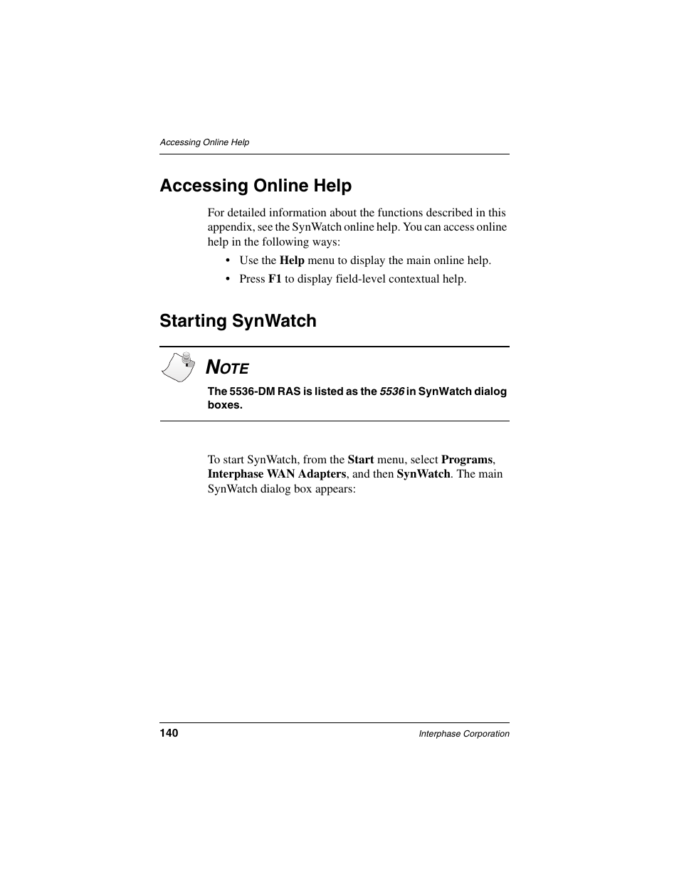 Accessing online help, Starting synwatch | Interphase Tech RAS Communications Controller 5536 User Manual | Page 160 / 244
