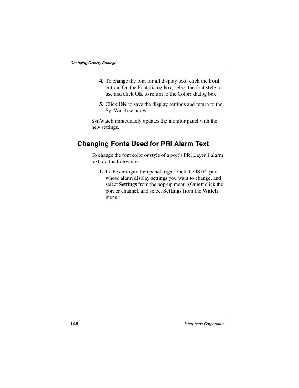 Changing fonts used for pri alarm text | Interphase Tech RAS Communications Controller 5536 User Manual | Page 168 / 244