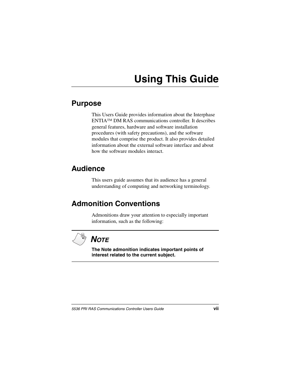 Using this guide, Purpose, Audience | Admonition conventions, 1using this guide | Interphase Tech RAS Communications Controller 5536 User Manual | Page 17 / 244