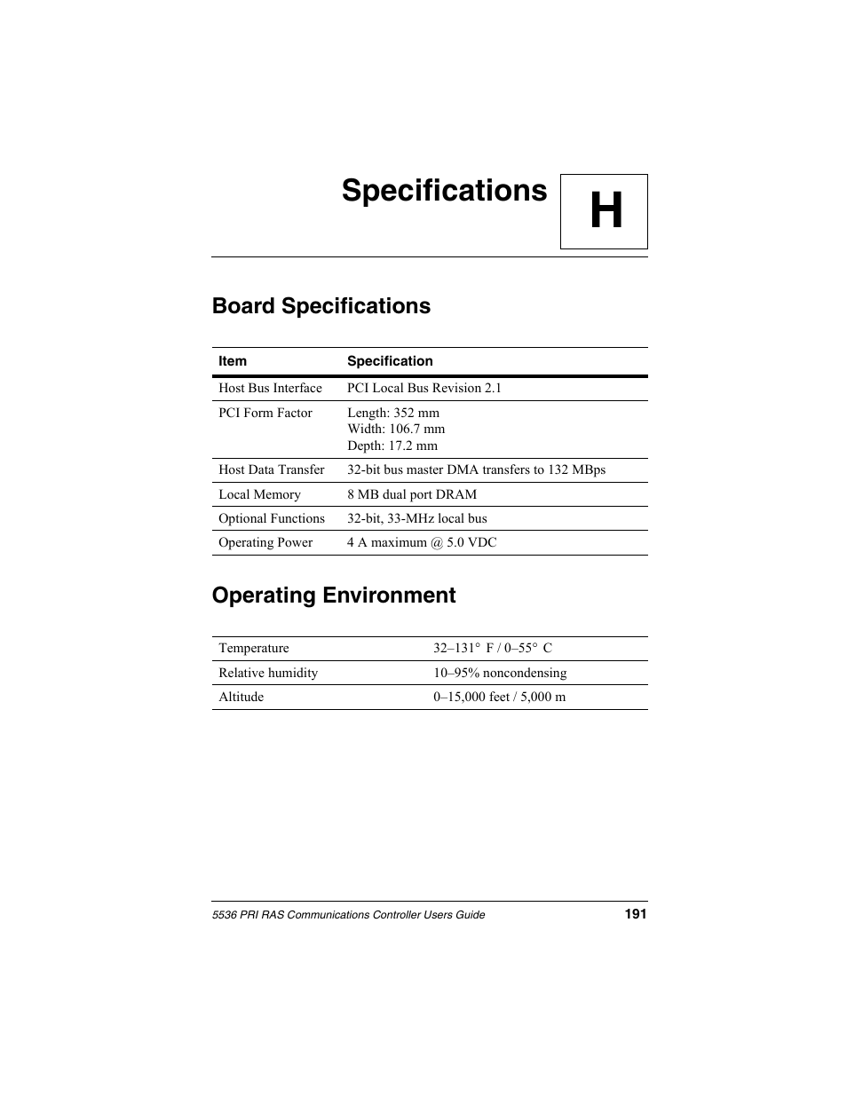 Specifications, Board specifications, Operating environment | Appendix h, Hspecifications, Board specifications operating environment | Interphase Tech RAS Communications Controller 5536 User Manual | Page 211 / 244