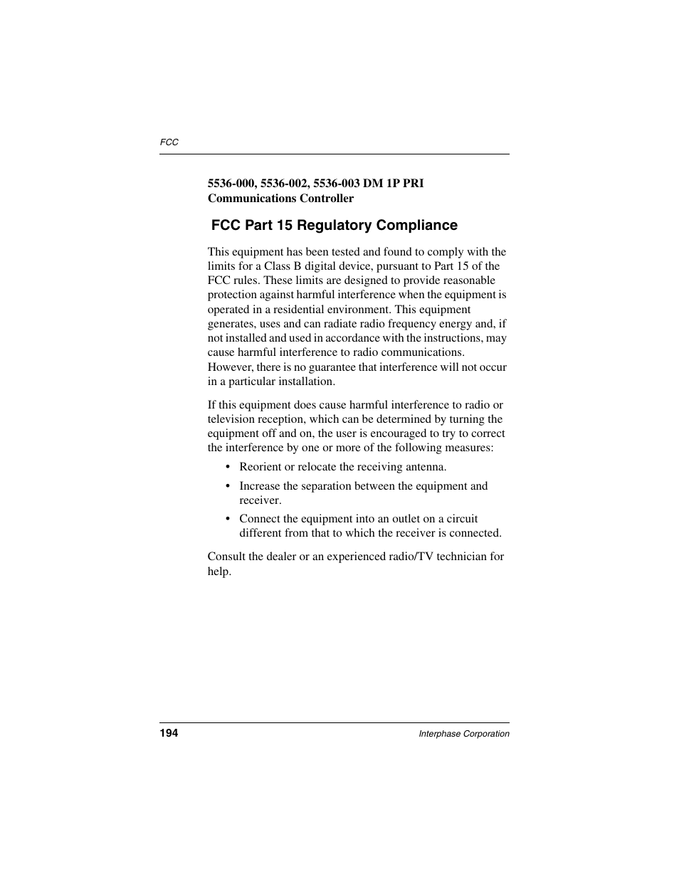 Fcc part 15 regulatory compliance | Interphase Tech RAS Communications Controller 5536 User Manual | Page 214 / 244