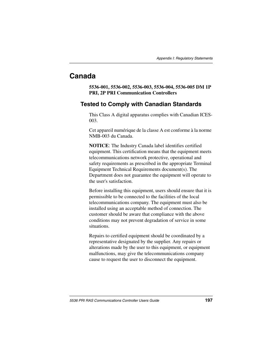 Canada | Interphase Tech RAS Communications Controller 5536 User Manual | Page 217 / 244