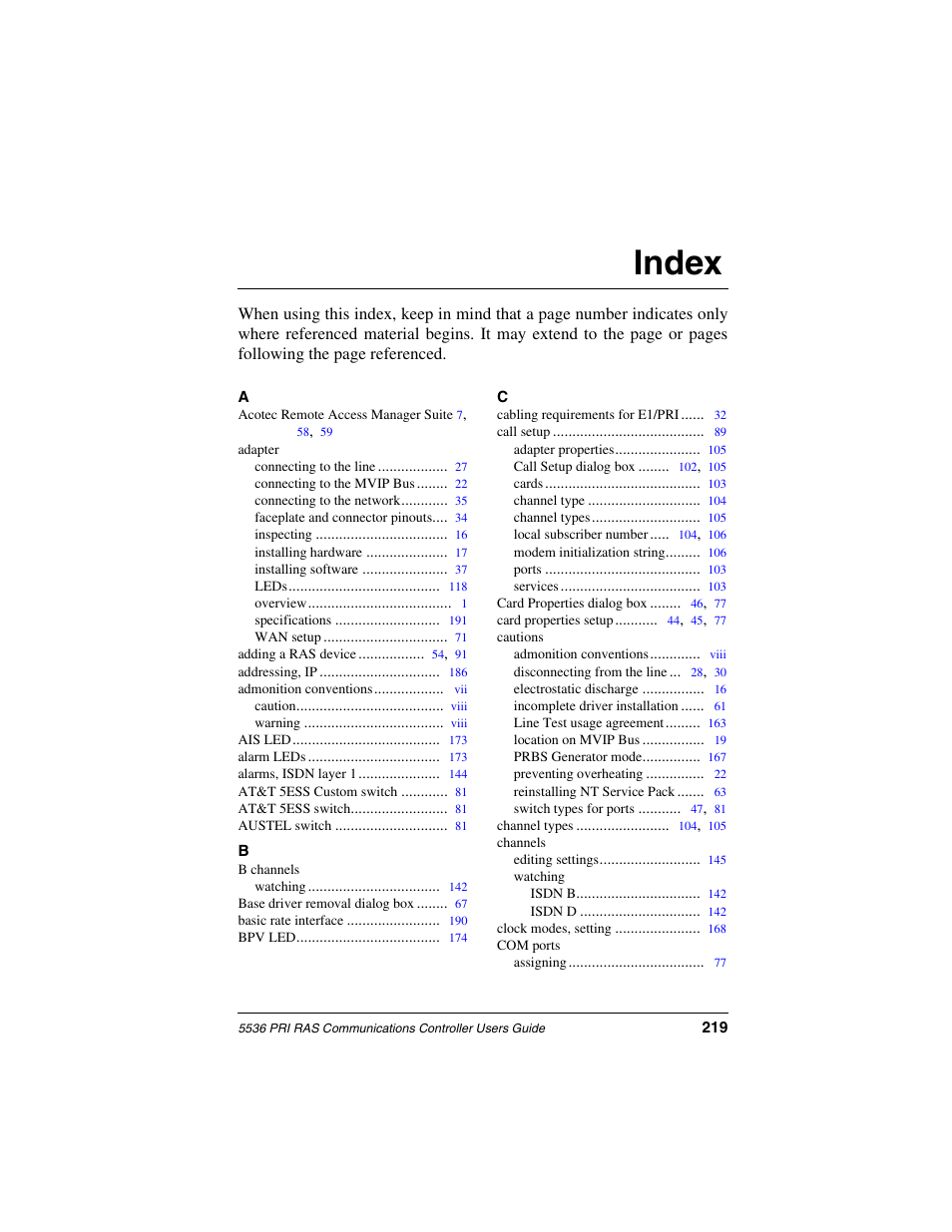 Index | Interphase Tech RAS Communications Controller 5536 User Manual | Page 239 / 244