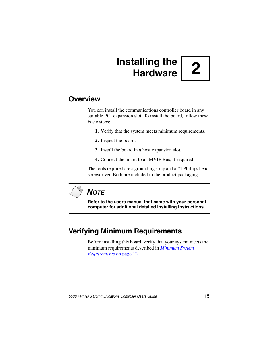 Installing the hardware, Overview, Verifying minimum requirements | Chapter 2, 2installing the hardware | Interphase Tech RAS Communications Controller 5536 User Manual | Page 35 / 244