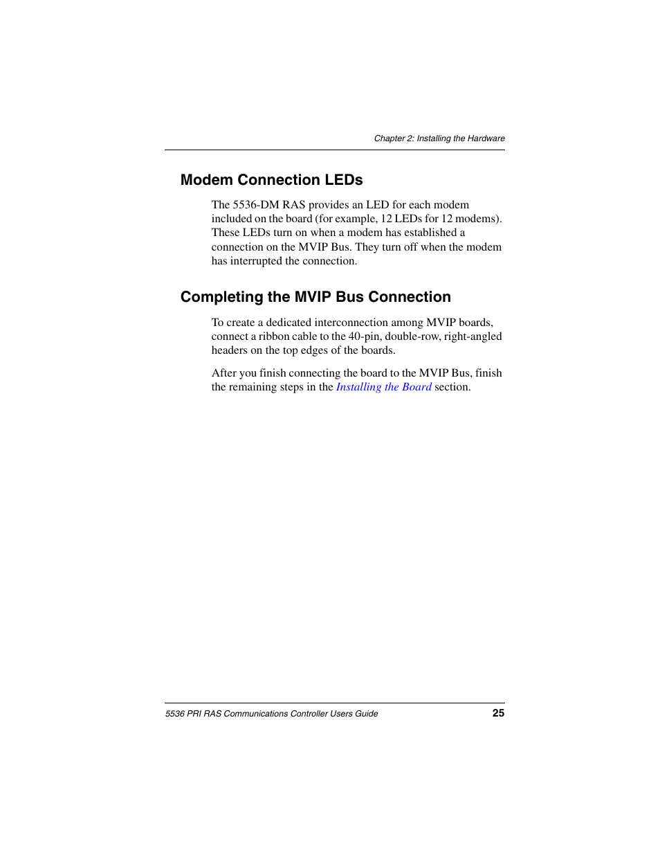 Modem connection leds, Completing the mvip bus connection | Interphase Tech RAS Communications Controller 5536 User Manual | Page 45 / 244