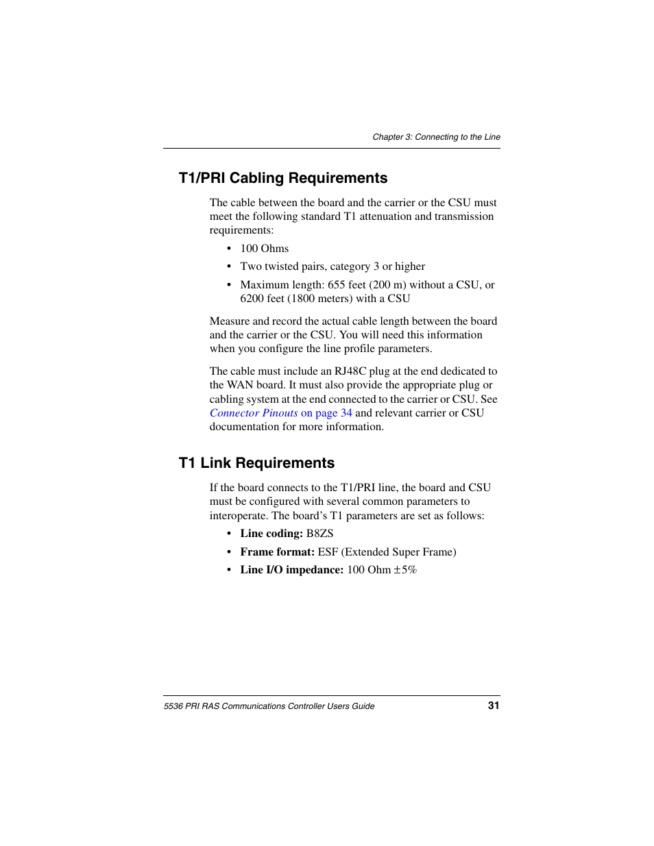 T1/pri cabling requirements, T1 link requirements | Interphase Tech RAS Communications Controller 5536 User Manual | Page 51 / 244