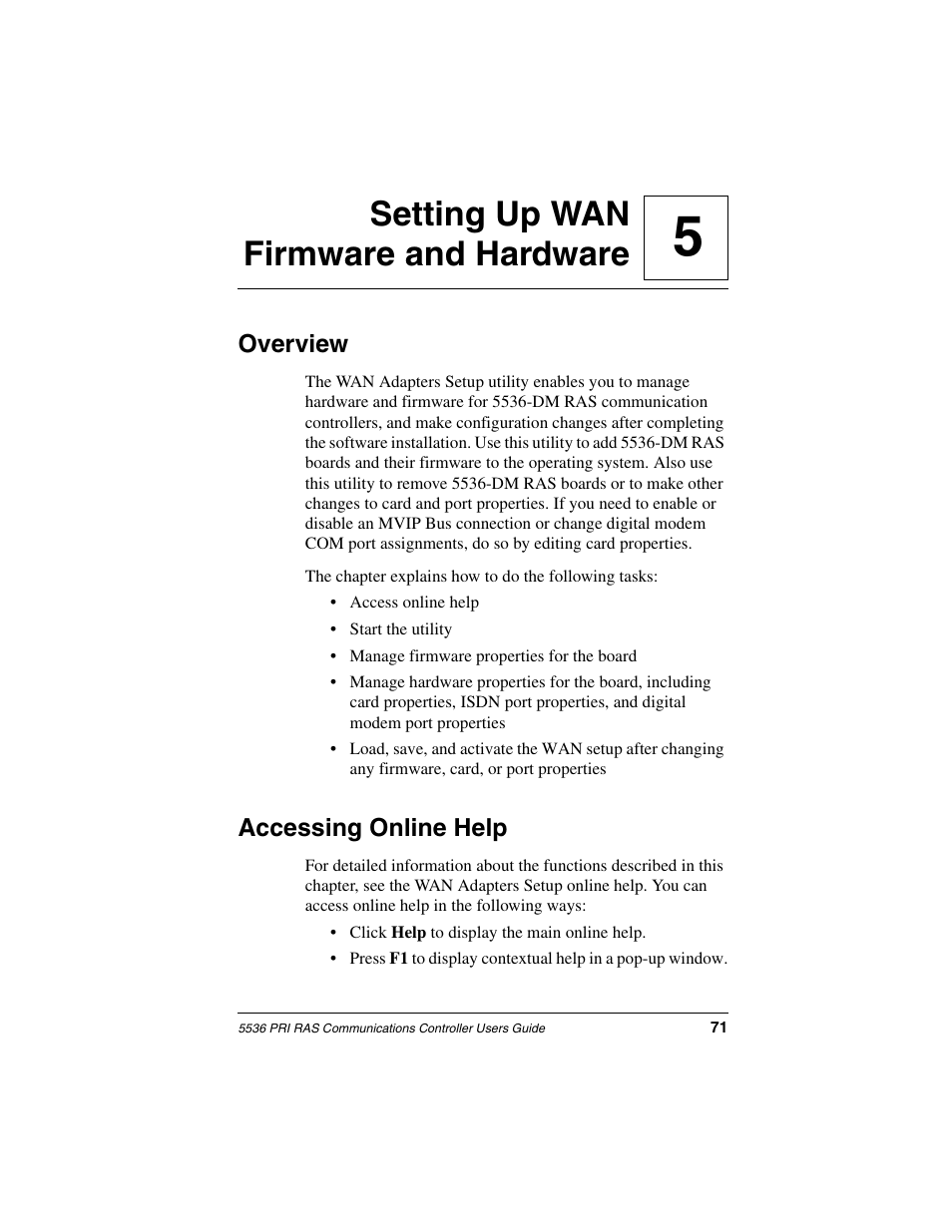 Setting up wan firmware and hardware, Overview, Accessing online help | Chapter 5, Setting up wan firmware and, 5setting up wan firmware and hardware | Interphase Tech RAS Communications Controller 5536 User Manual | Page 91 / 244