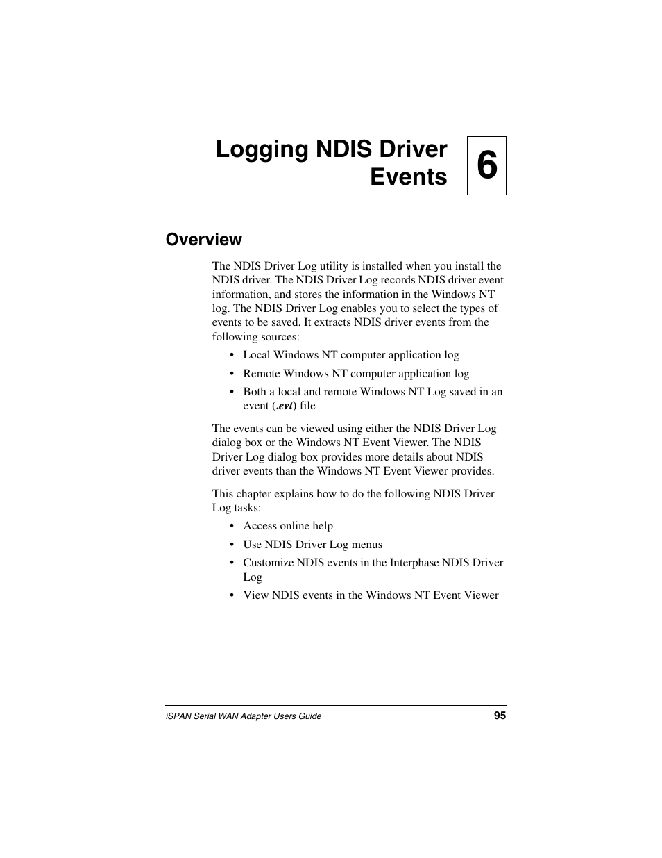 Logging ndis driver events, Overview, Chapter 6 | Logging ndis, 6logging ndis driver events | Interphase Tech iSPAN User Manual | Page 115 / 236