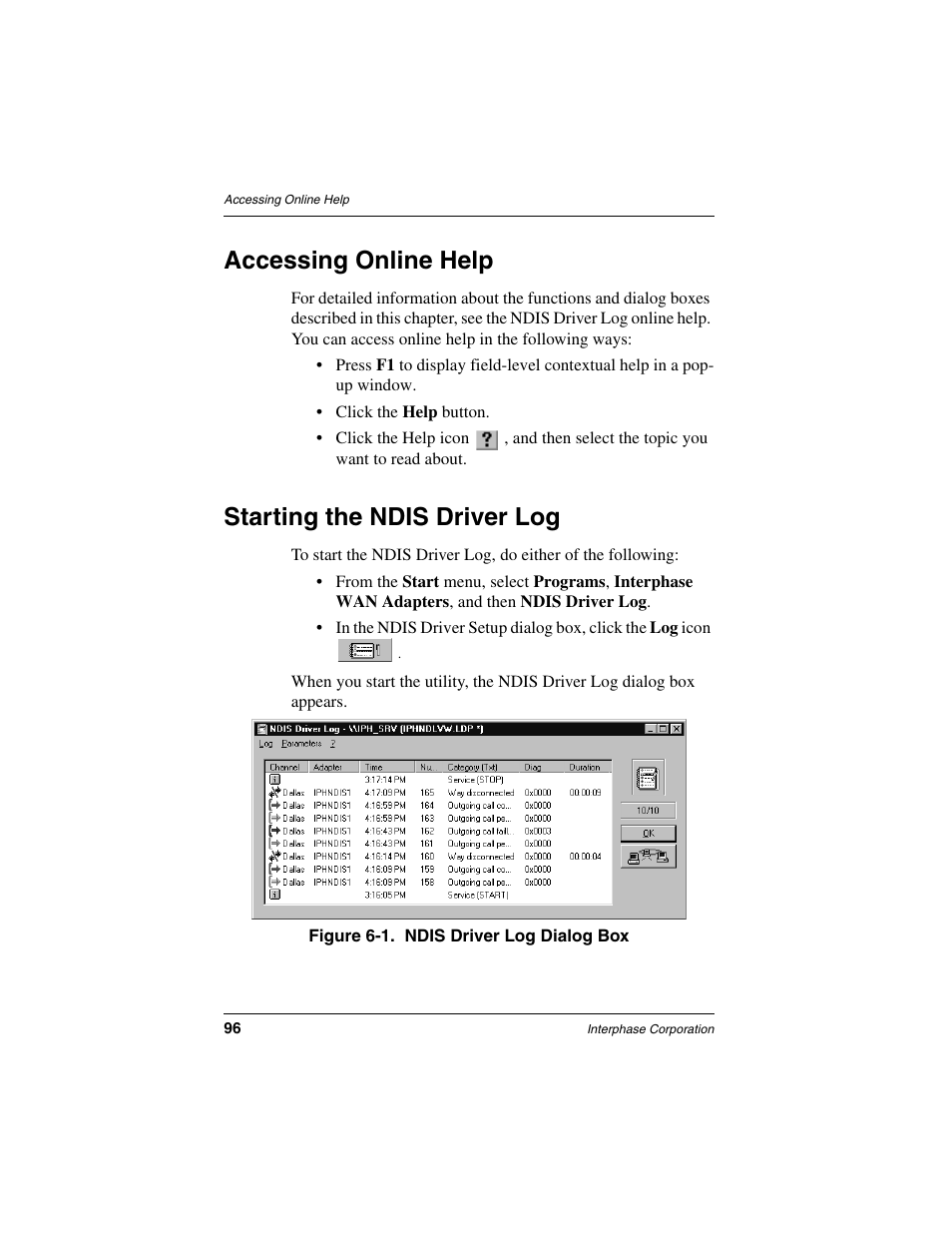 Accessing online help, Starting the ndis driver log | Interphase Tech iSPAN User Manual | Page 116 / 236
