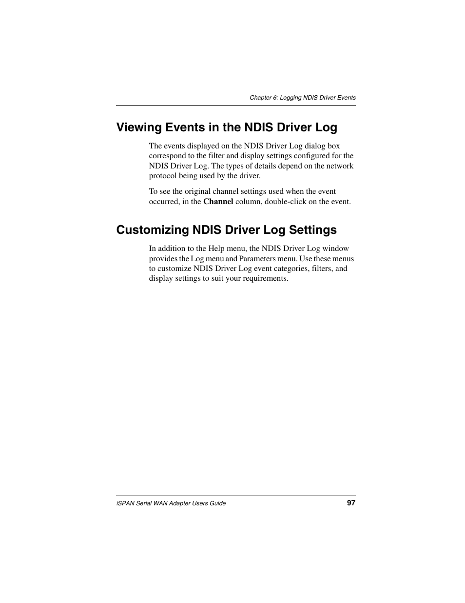 Viewing events in the ndis driver log, Customizing ndis driver log settings | Interphase Tech iSPAN User Manual | Page 117 / 236