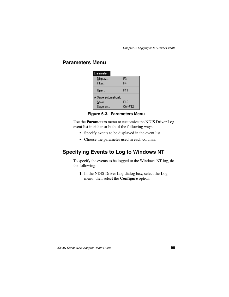 Parameters menu, Specifying events to log to windows nt | Interphase Tech iSPAN User Manual | Page 119 / 236