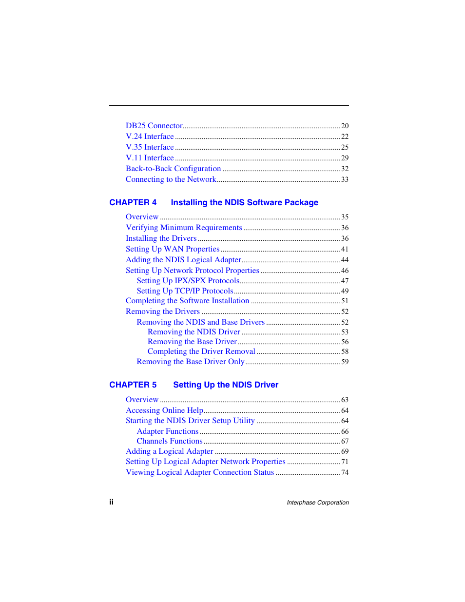 Chapter 4 installing the ndissoftware package, Chapter 5 setting up the ndis driver | Interphase Tech iSPAN User Manual | Page 12 / 236