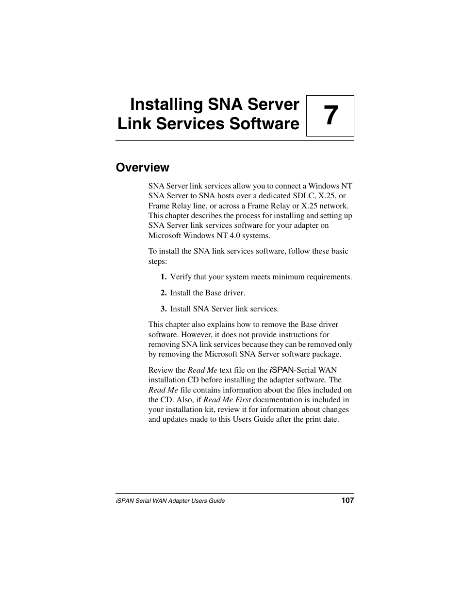 Installing sna server link services software, Overview, Chapter 7 | Installing sna server link, Re, see, Installing sna server link services, 7installing sna server link services software | Interphase Tech iSPAN User Manual | Page 127 / 236