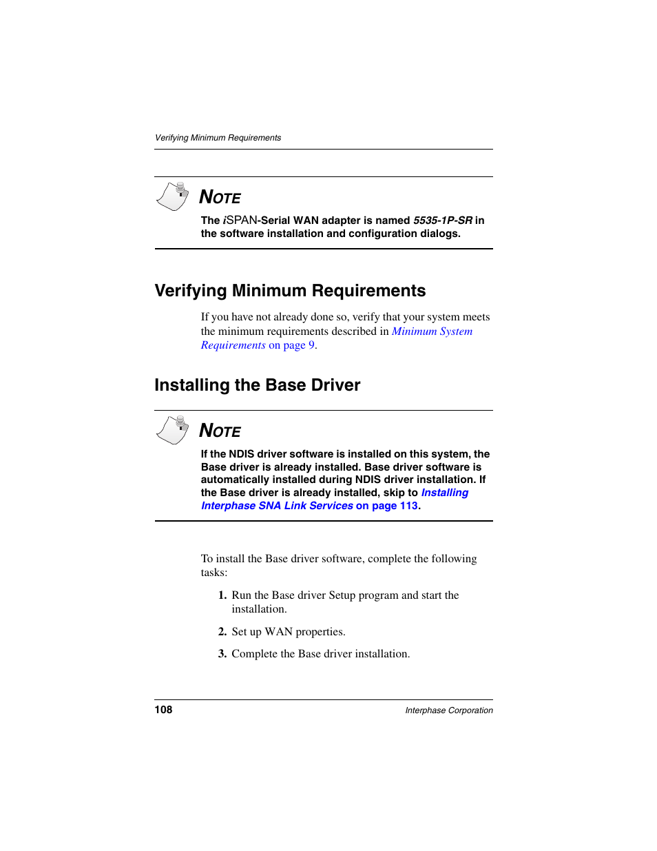 Verifying minimum requirements, Installing the base driver | Interphase Tech iSPAN User Manual | Page 128 / 236