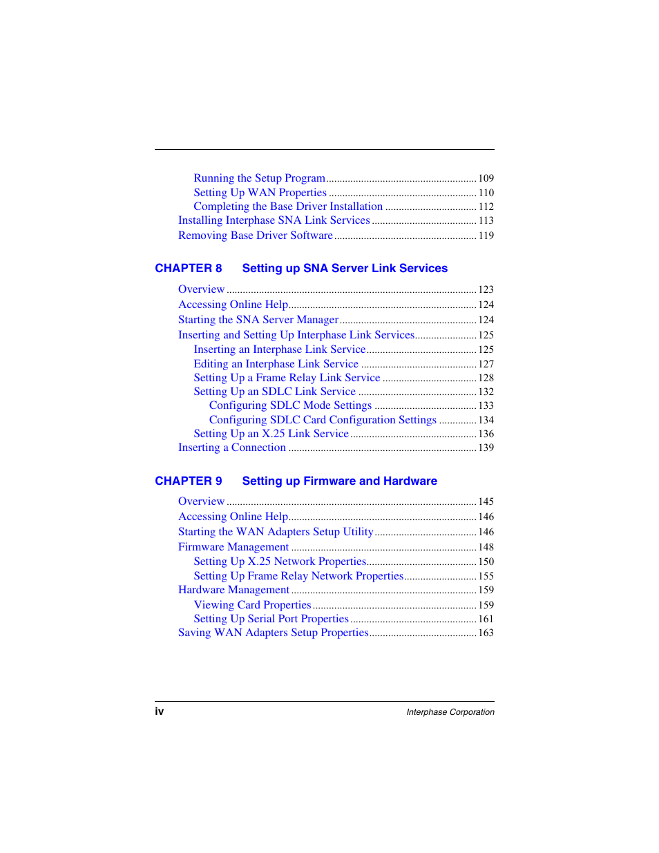 Chapter 8 setting up sna server link services, Chapter 9 setting up firmware and hardware | Interphase Tech iSPAN User Manual | Page 14 / 236