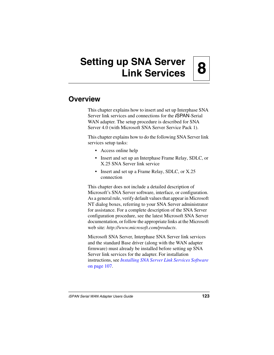 Setting up sna server link services, Overview, Chapter 8 | Setting up sna server link, Ice(s), see, Setting up, 8setting up sna server link services | Interphase Tech iSPAN User Manual | Page 143 / 236
